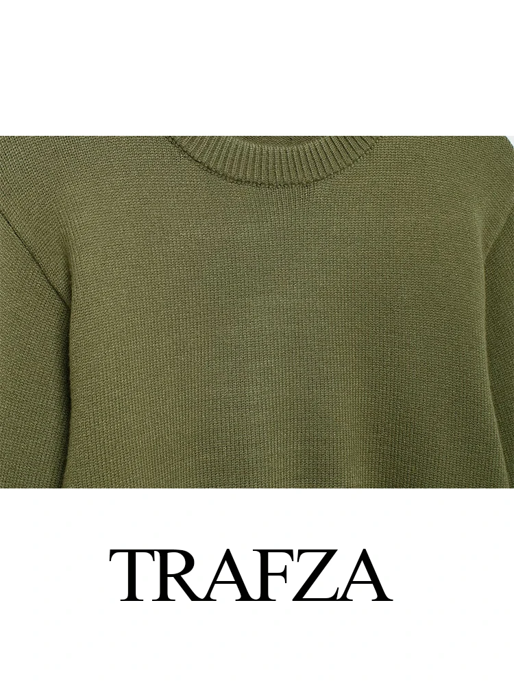 TRAFZA Women Fashion Street Style Solid Wide Sleeve Jersey Sweater Female Elegant Crew Neck Long Sleeve Commuting Sweater Mujer