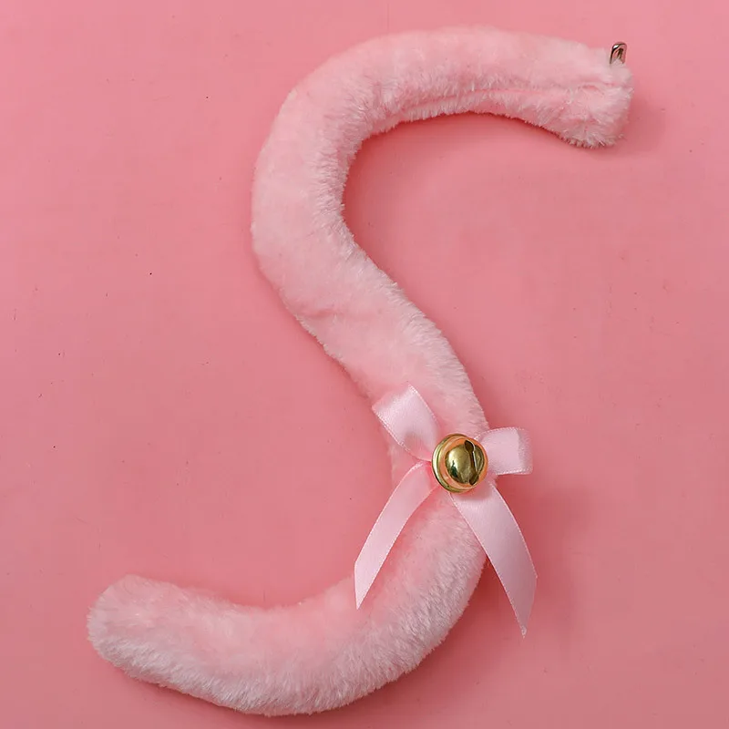 Plush Long Cat Tail with Ribbon Bowknot Bell Plush Furry Cat Ears Headwear White Lace Women Girls Party Cosplay