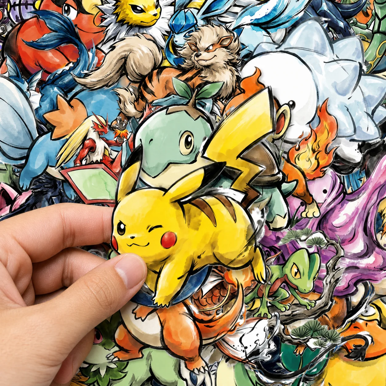 100 Stück Pokémon Aquarell-Aufkleber, Keine Wiederholte Designs, Anime-Sticker für Laptop, Handy, Wasserflasche und Gepäck