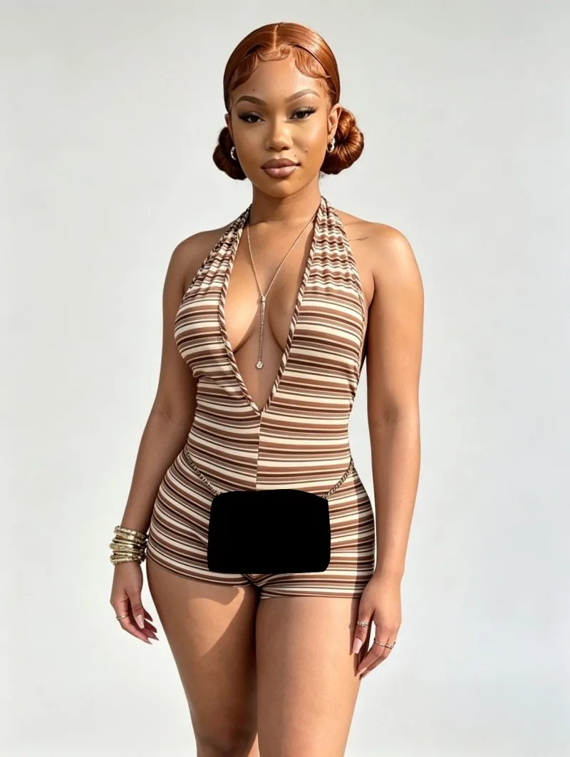 

KEXU New Halter Striped Romper Deep V Ribbed Stretchy Slim Fit Short Jumpsuit for Women