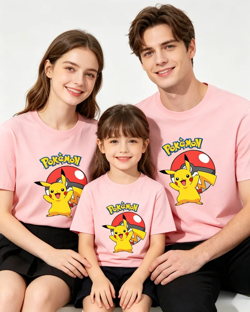 2026 Sommer Pokemon Pikachu Eltern-Kind-T-Shirts, Sport-T-Shirts aus 100 % Baumwolle, atmungsaktive Familien-Tops für Outdoor-Spiele Y2k
