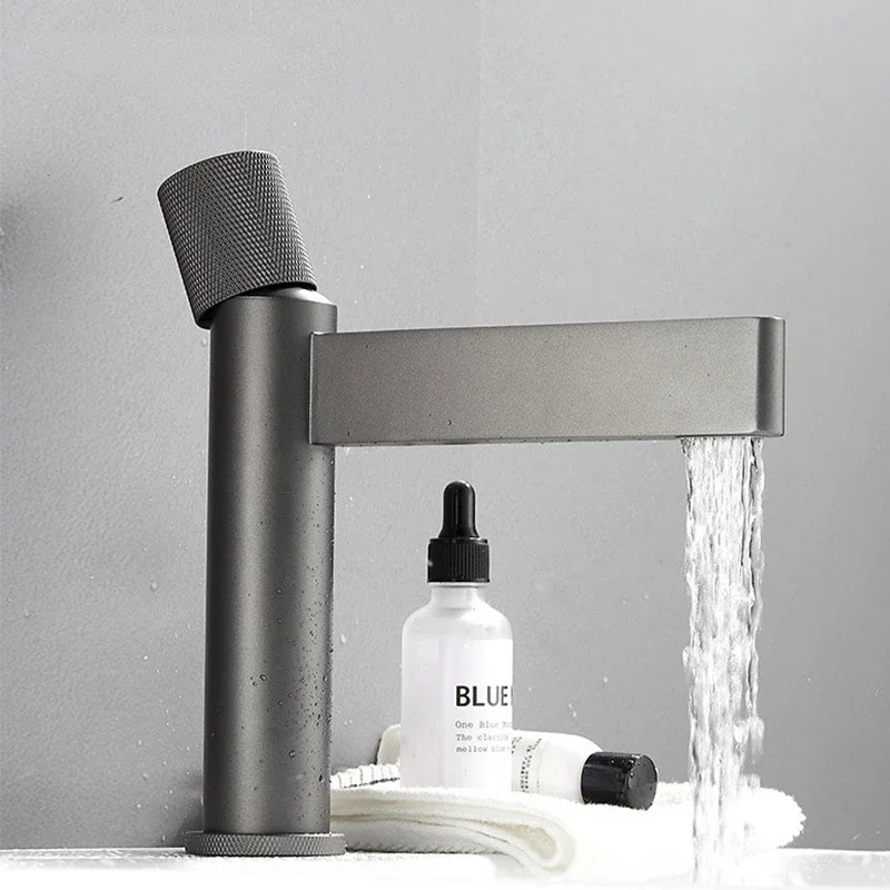 Basin Faucet Premium Gray Hot Cold Mixer Sink Tap For Bathroom Waterfall Spout Deck Mounted Single Handle Wash Tap