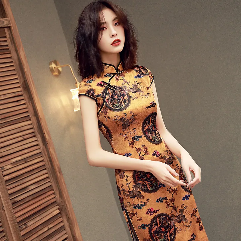 

Женское тонкое вечернее платье в китайском стиле Yourqipao, желтое элегантное облегающее платье-Ципао в стиле ретро для банкета, лето 2023