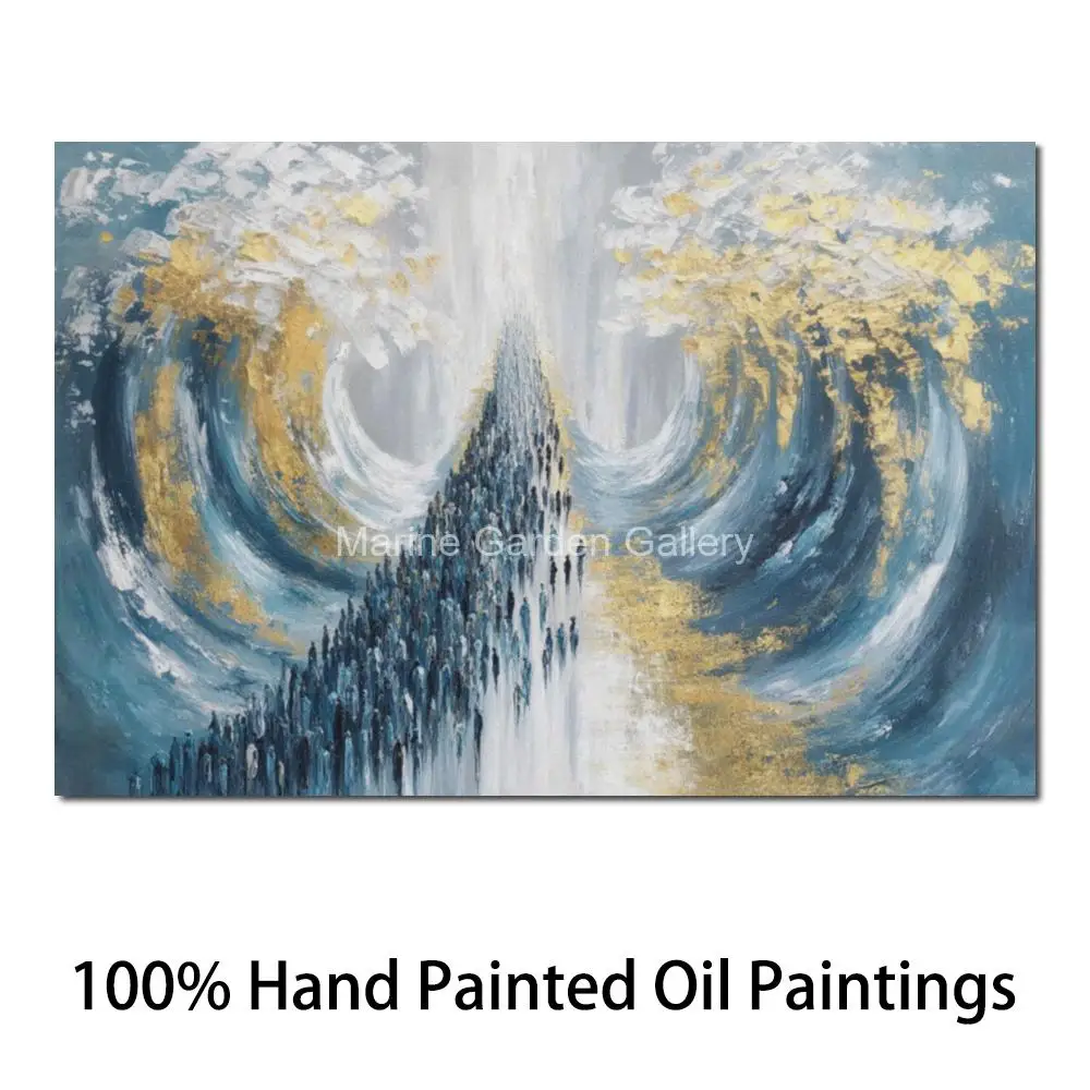 Gold Jewish Oil Painting Hand-Painted Crossing the Red Sea Exodus Canvas Art Large Modern Wall Decor for Passover & Synagogue