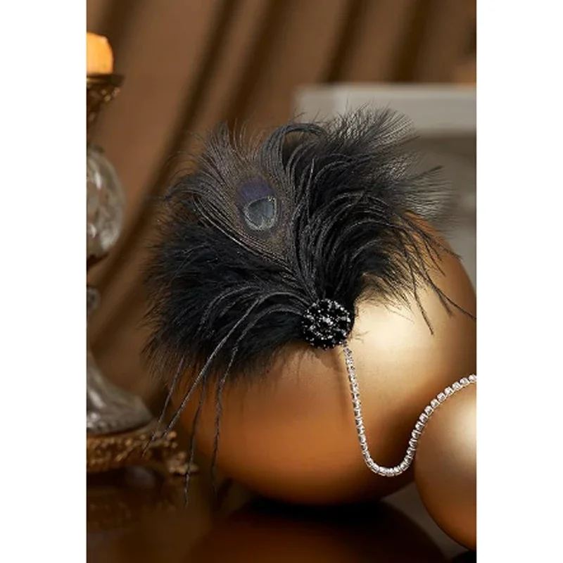 Diadema estilo flapper vintage de los años 20, tocado de gran Gatsby rugiente con plumas, accesorios para el cabello de Flapper Gatsby de los años 20, conjunto negro