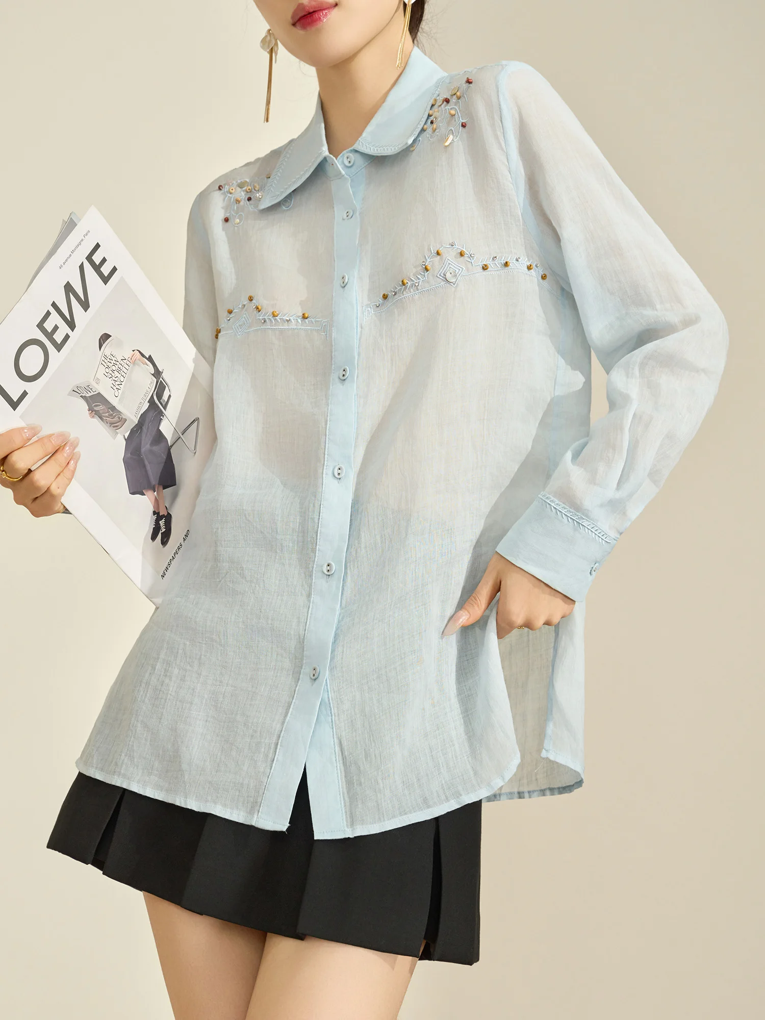 

Flowing Era Unique Beautiful Blue Embroidered Thin Women's irt Design Sense Nail Head Stitching Breathable Casual Blouse