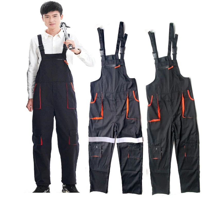 Reflective Bib Overalls Mens Women Work Clothing Protective Coveralls Strap Jumpsuit Multi Pockets Uniform Sleeveless Cargo Pant