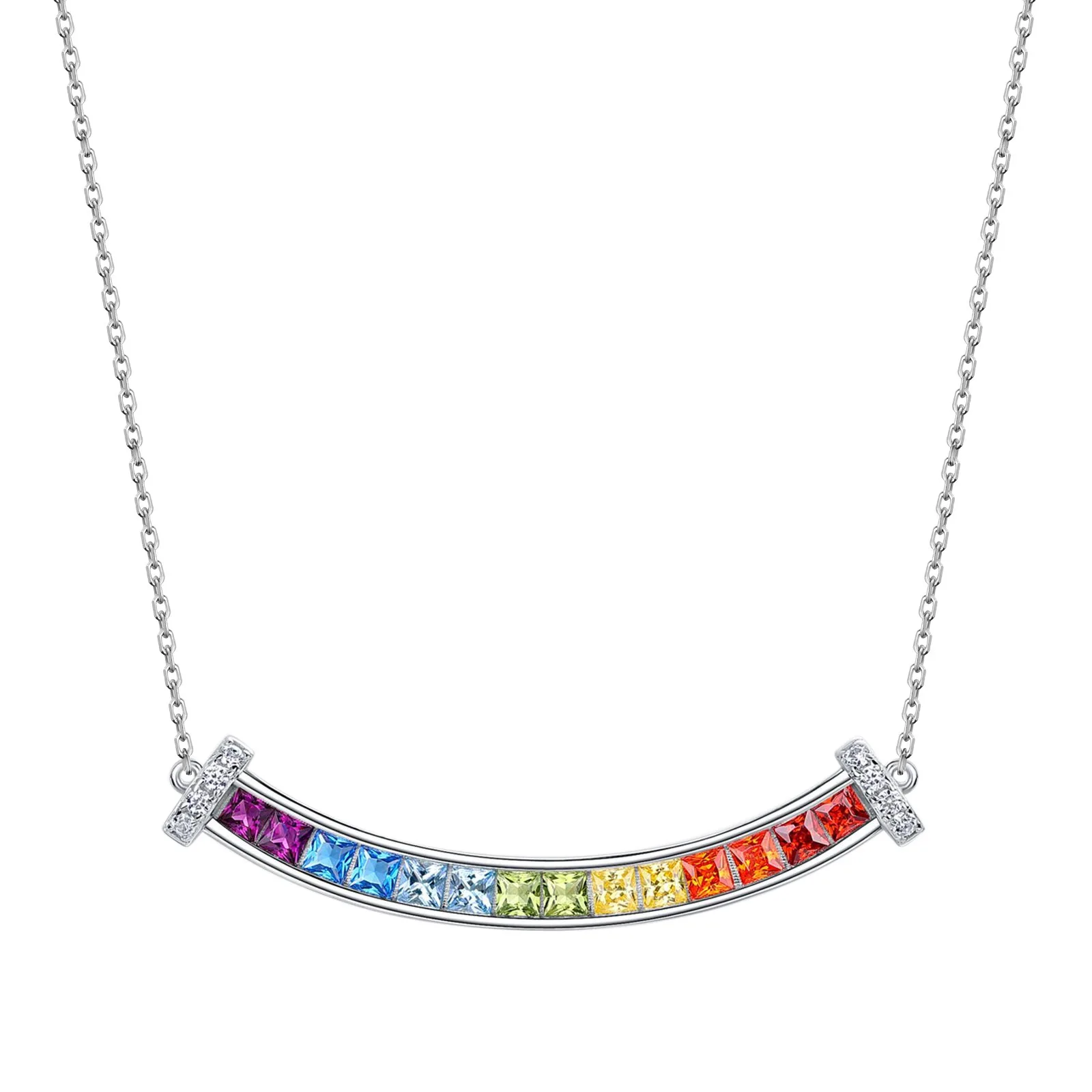 

S925 Silver Passionate Dopamine Colorful Rainbow Shining Zircon Smiling Face Women's Birthday Anniversary Gift Jewelry Necklace