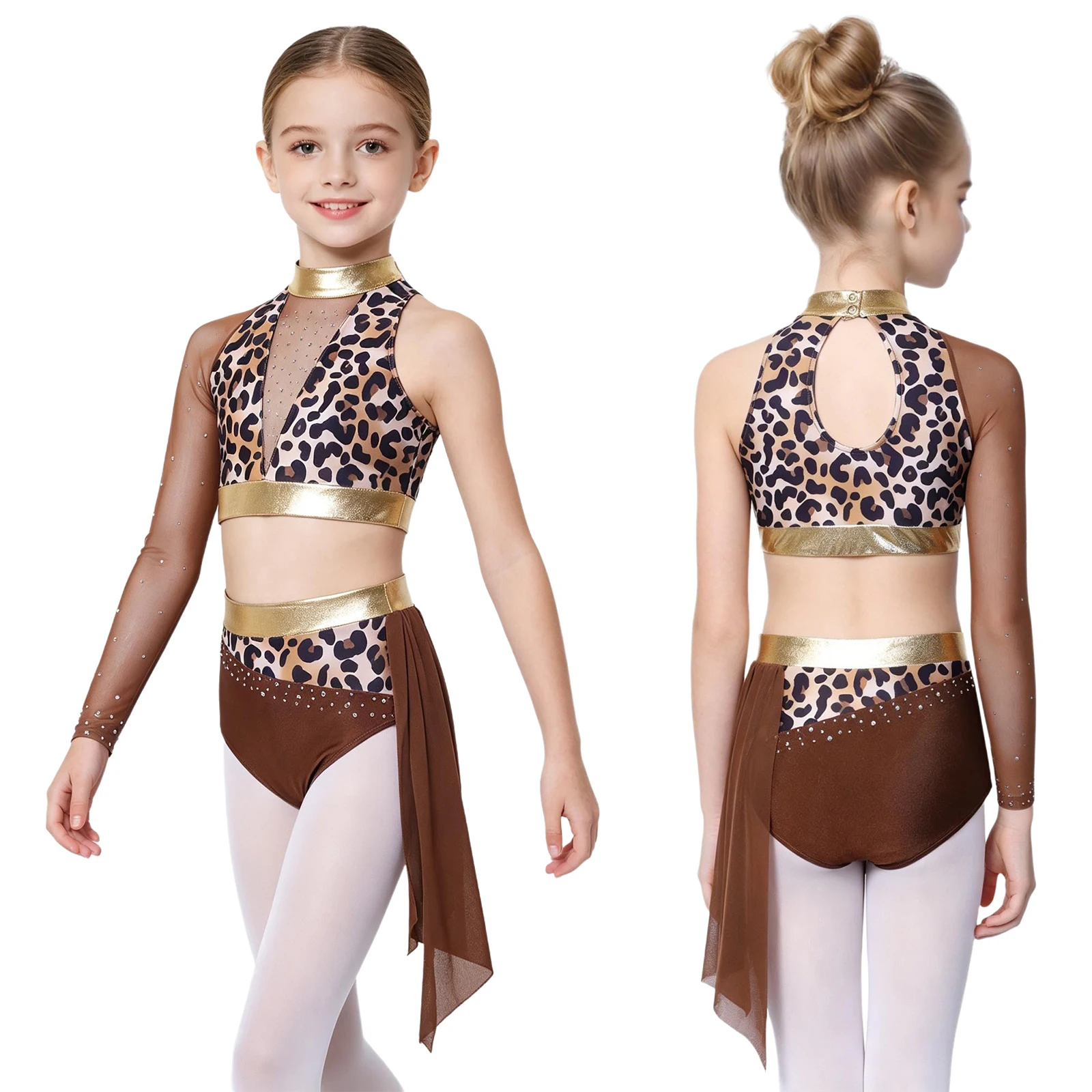 Children Girls Jazz Dance Outfit Shiny Rhinestone Sheer Mesh Crop Tops with Bottoms for Ballet Gymnastics Skating Acrobatics