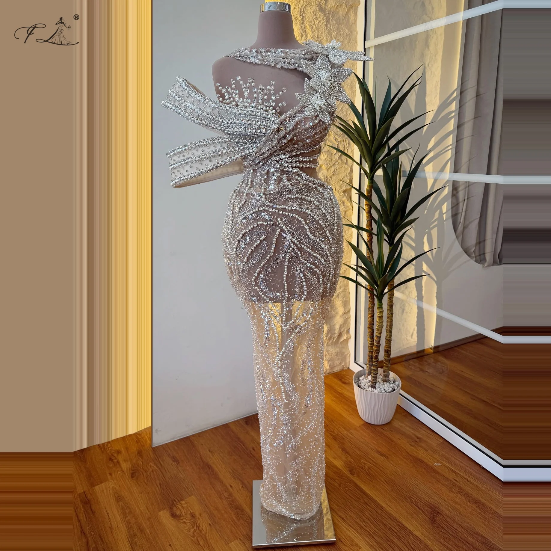

New luxury evening dress rhinestone inlaid flower irregular neckline pearl mermaid dress champagne tulle long dress evening gown
