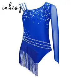 Girls Asymmetric Shoulder Fringed Dance Leotard Rhinestones Figure Skating Rhythmic Gymnastics Tassel Bodysuit Dress Dancewear