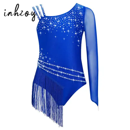 Leotardo de danza con flecos y hombros asimétricos para niñas, leotardo con diamantes de imitación, patinaje artístico, gimnasia rítmica, mono con borlas, vestido, Ropa de baile
