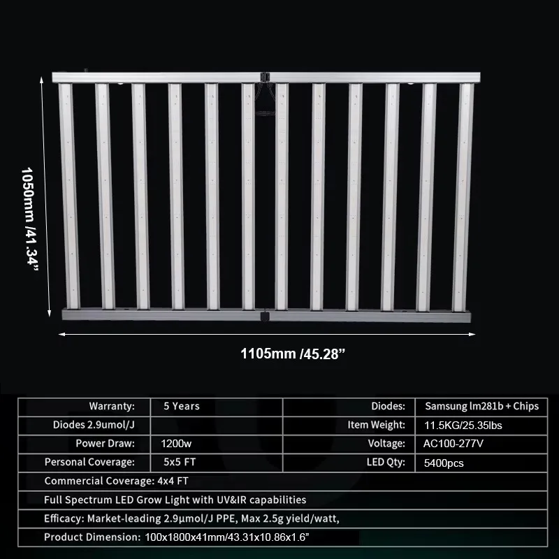 Grow Light ETL Dimmable Foldable 9 10 12 Bars 1000W 1200W Full Spectrum Hydroponic 318 Plant Led Grow Light