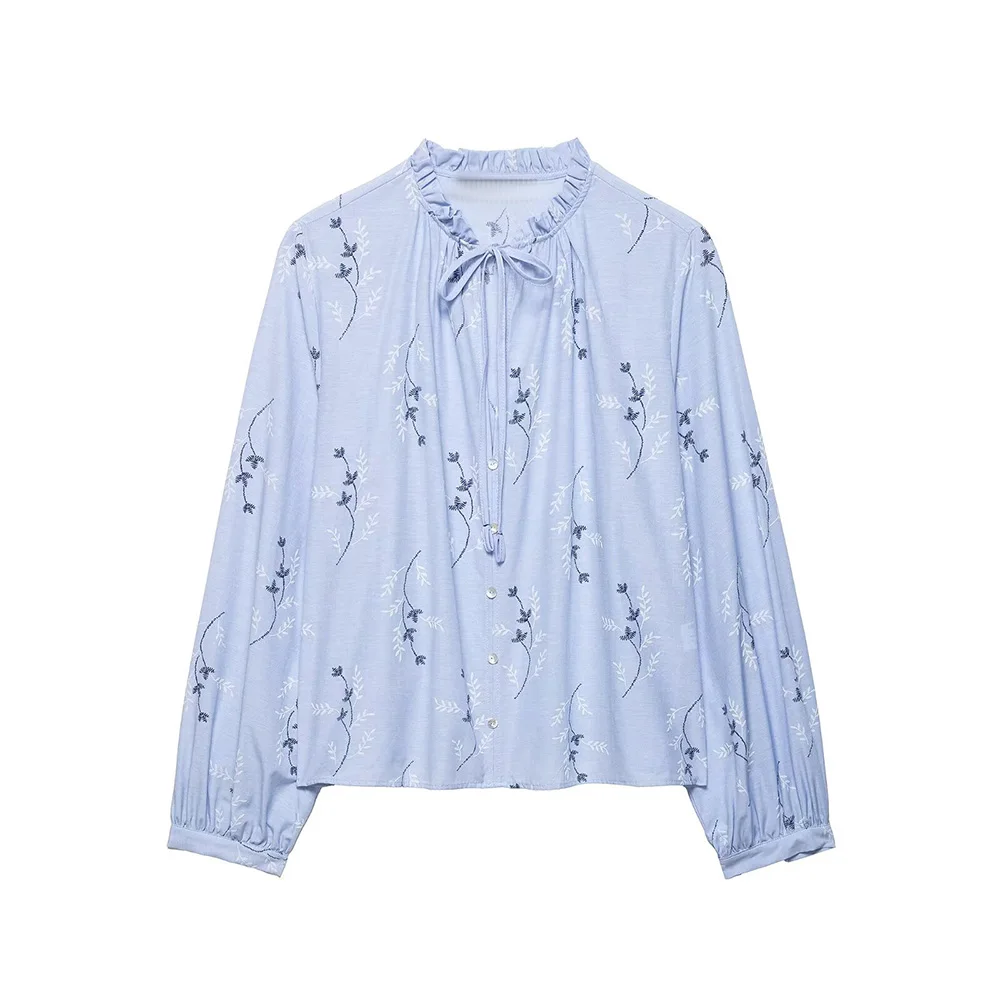 

WOMEN 2026 Summer New Fashion Embroidered Print Shirt Retro Long Sleeve Casual Chic Female Shirts Blusas Tops