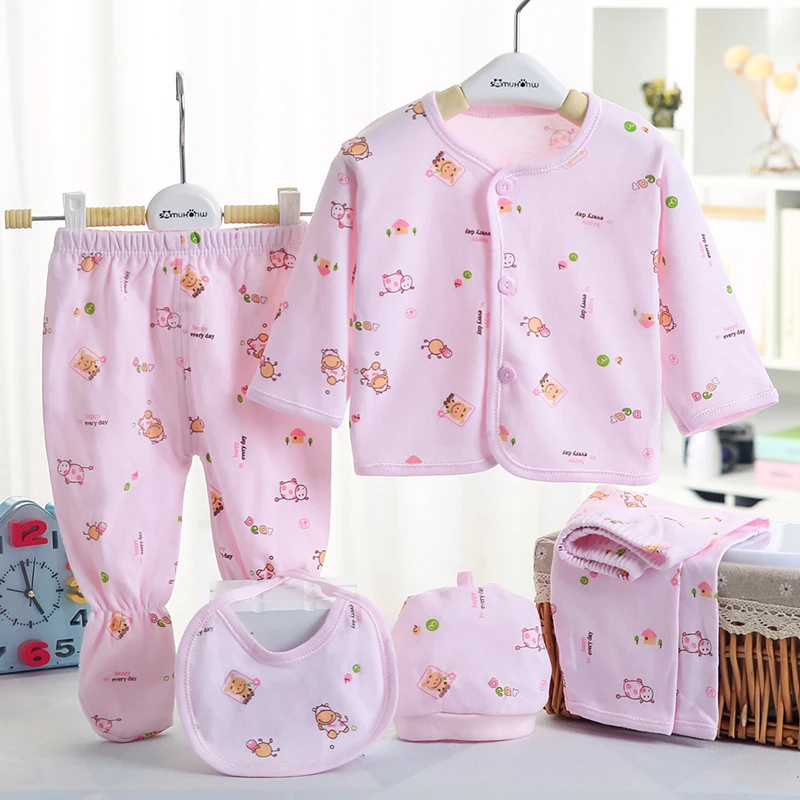 5PCS Newborn Set Baby Clothes Cotton Print Long Sleeve Infant Boys Girls T-Shirt Pant Hats Suit Toddler Clothing 0-3M