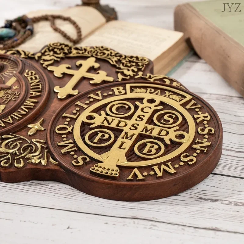 High Quality Religious Wood Carving Plaque Catholic Icon Saint Benedict Church Wall Decor