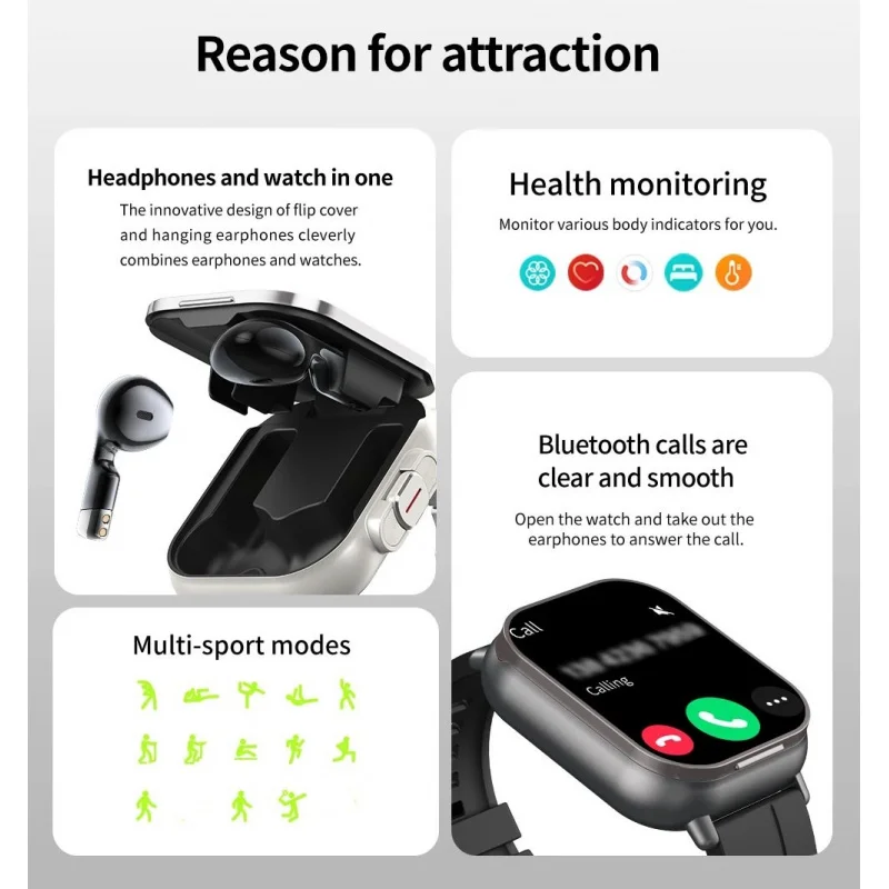 TWS Bluetooth Earphone Smart Watches Men 2 In 1 With Earbuds Heart Rate GPS Track Smartwatch Play Music Voice Assistant Bracelet