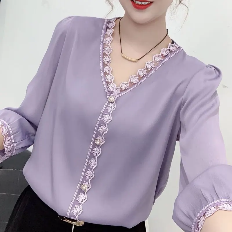 Spring Summer Sweet Lace Spliced Shirt Chic Pearl Button Stylish Elegant V-Neck Female Clothing Solid Color 3/4 Sleeve Blouse