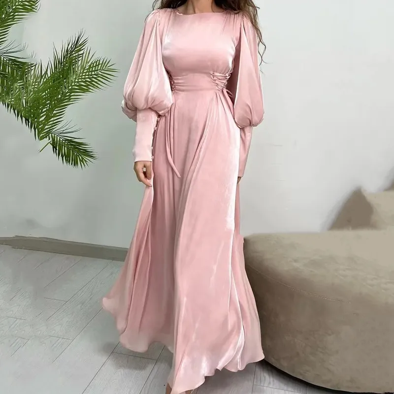 

Aleeshuo Baby Pink A-Line Prom Dress Long Sleeve O-Neck Evening Dress Saudi Arabia Formal Ball Gown Ankle Lengthفستان سهرة 2024