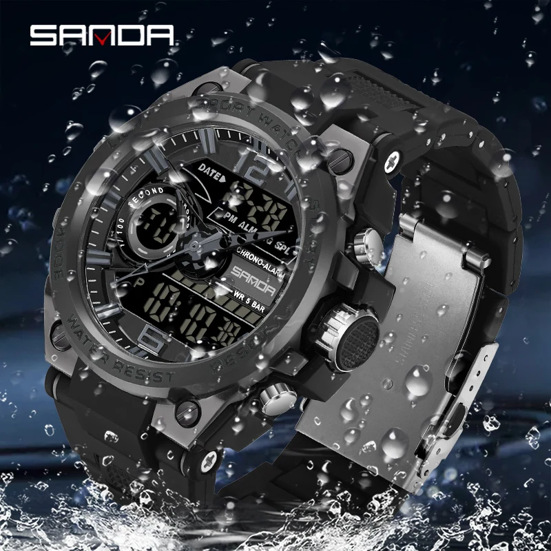 Sanda Trendy Mannen Multifunctionele Dual Display Horloge Hd Led Digitale 50M Waterdichte Militaire Horloges Wekker Timing Reloj 9010