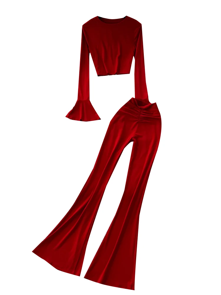 مثير ort Sve جرس Sve تي شيرت عالية الخصر ضيق صالح جولة Ne أعلى مع السراويل متوهج Faionable ملابس العمل غير رسمية #5