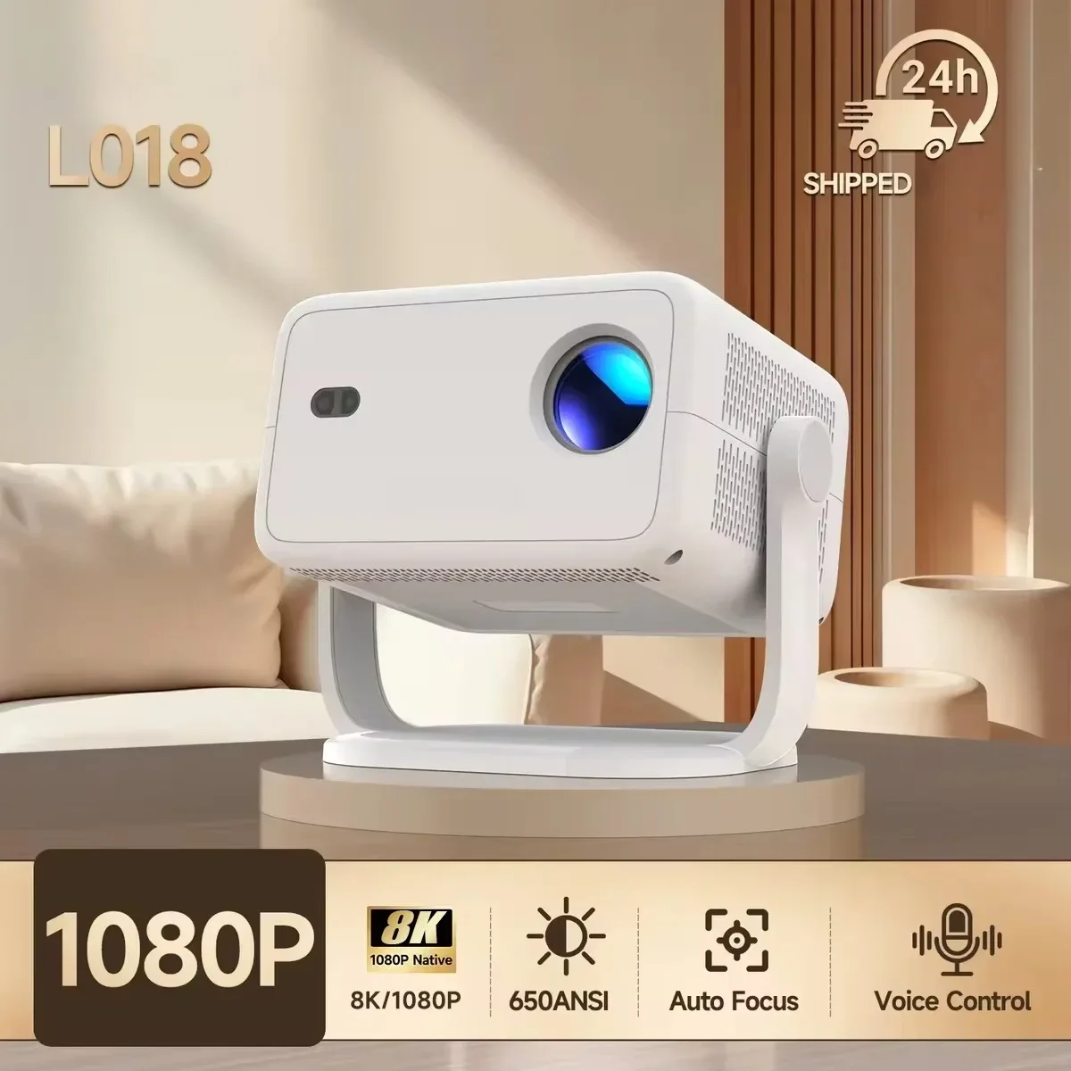 

Портативный проектор L018 с разрешением Native 1080P, яркостью 650 ANSI люмен, поддержкой 8K, Android 14, автоматической коррекцией трапецеидальных искажений, фокусировкой, Wi-Fi 6, Bluetooth 5.4 для просмотра фильмов на улице