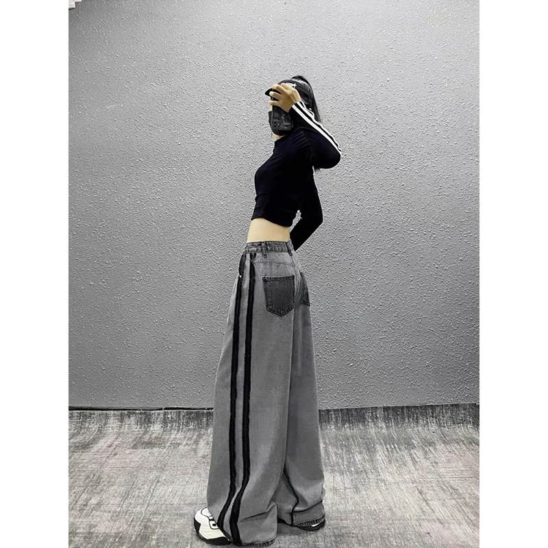 ZHIZOU, pantalones vaqueros holgados a rayas grises para mujer Y2K American Harajuku High Street 90s, pantalones vaqueros de pierna ancha holgados Retro estéticos, ropa