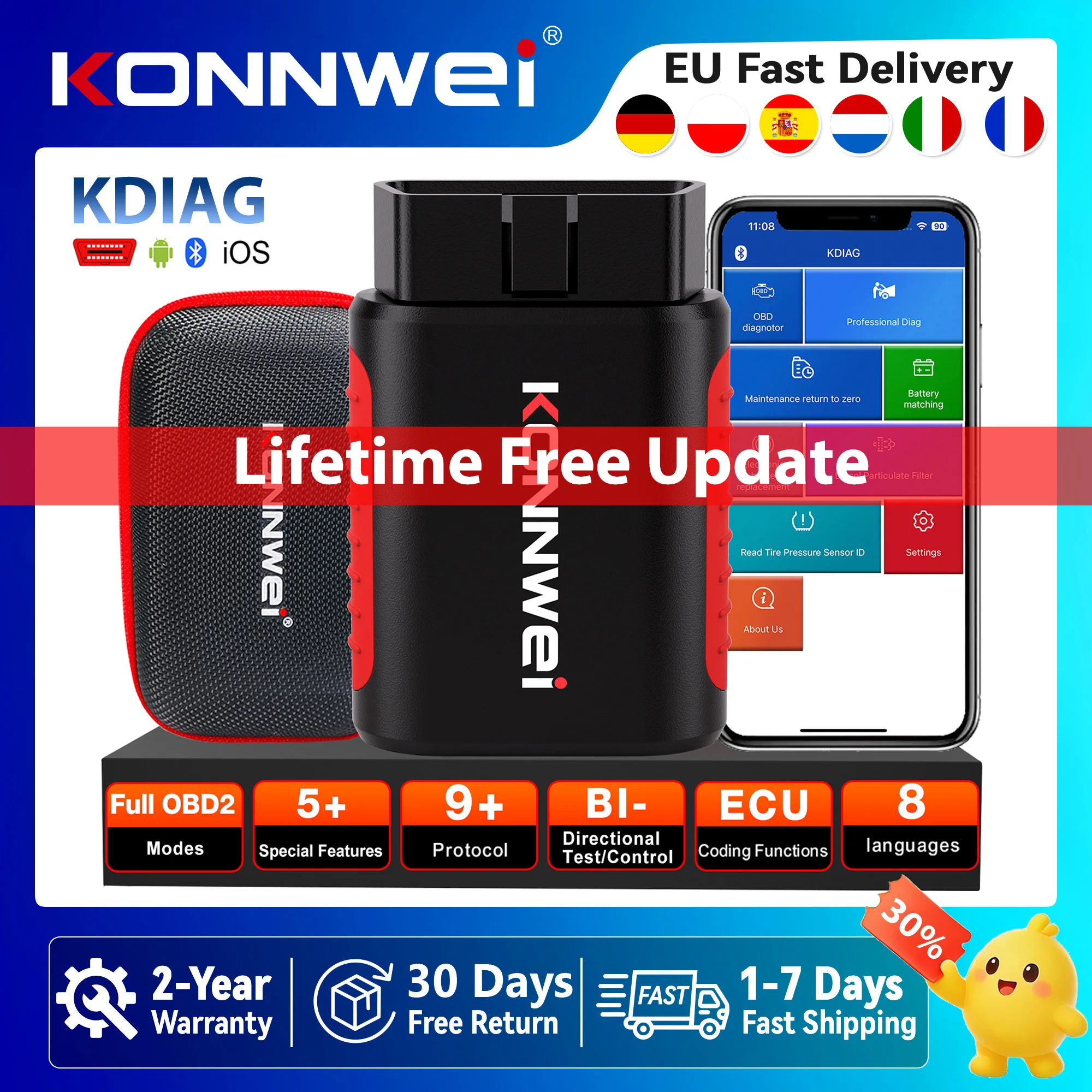 KONNWEI KDIAG Vollsystem-OBD2-Diagnosetool Bluetooth 5.0 Fehlercodes lesen und löschen, Ölrückstellung, Airbag, EPB, DPF, SRS, SAS, TPMS, OBD2-Scanner für Android/iOS, kostenloser Versand