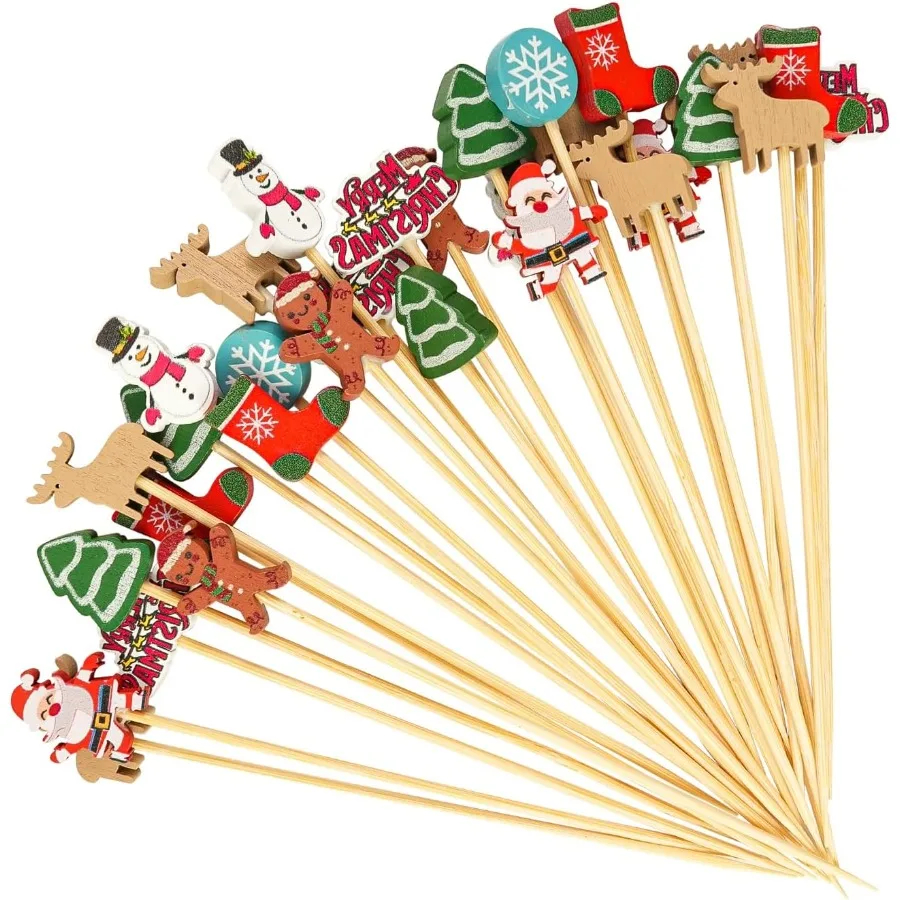 100 Uds. Palillos de cóctel de Feliz Navidad-palillos de dientes elegantes con tema navideño palitos de bebidas de frutas de 4,7 pulgadas palillo de dientes para aperitivos de bambú