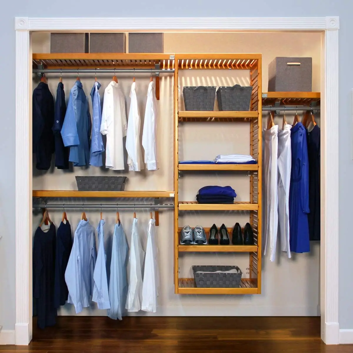 Wood Closet Organizer System with Shelves & Hanging Rods - Wall Mounted Walk-in Wardrobe