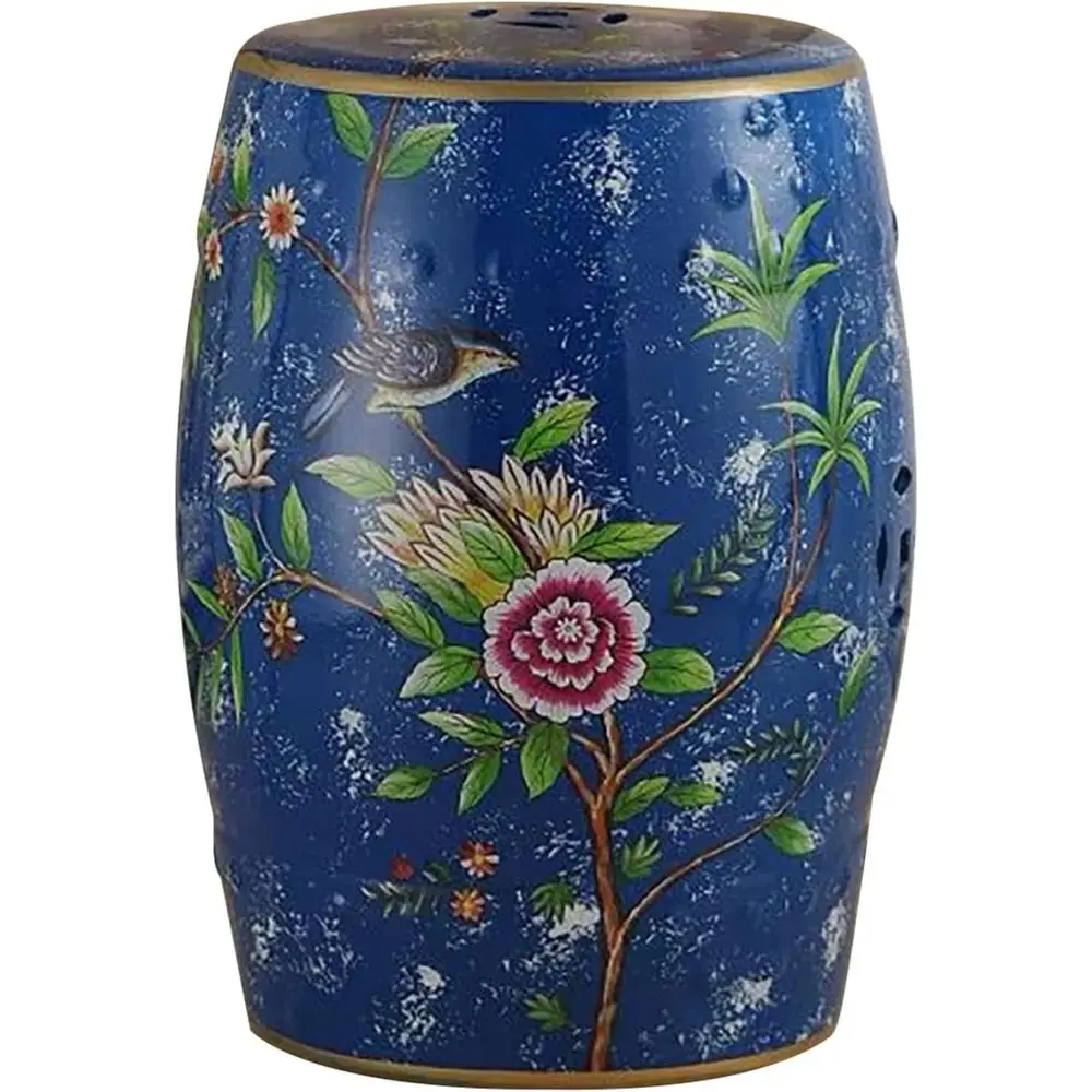 

Декоративные барабанные садовые табуреты, глазурованные птицы и растения с ручной росписью для гостиной, спальни, балкона, патио (синий)