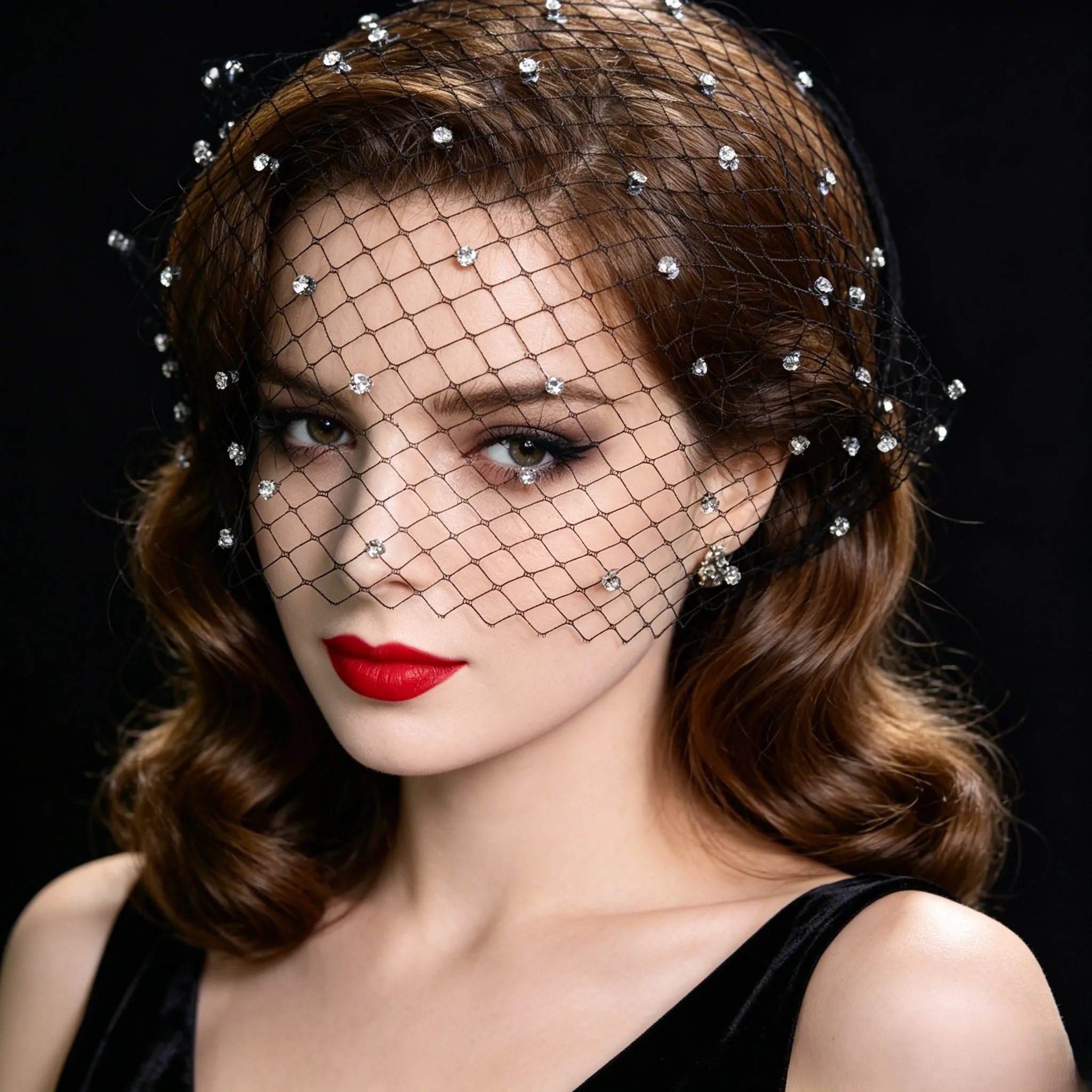 

Vintage Rhinestone Birdcage Face Veil Headband Crystal Mesh Short Wedding Veil for Brides Prom Party Accessories Hair Jewelry
