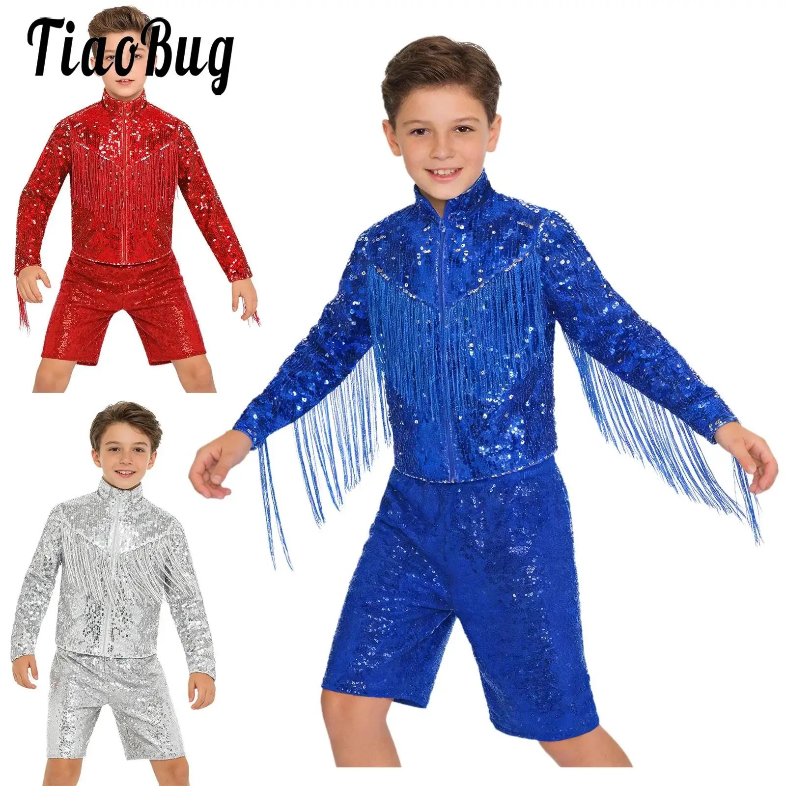 

Kids Boys Sequin Jazz Tango Latin Dance Outfit for Disco Tap Performance Glittery Long Sleeve Zipper Tassel Jacket And Shorts