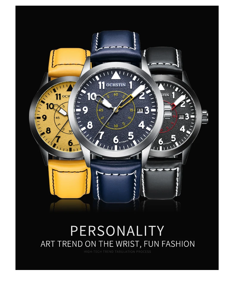 Ochstin Mechanische Mannen Horloges Top Merk Luxe Autometic Klok Mannelijke Geel Nieuwe Mode Kalender Klassieke Lederen Band Relogio