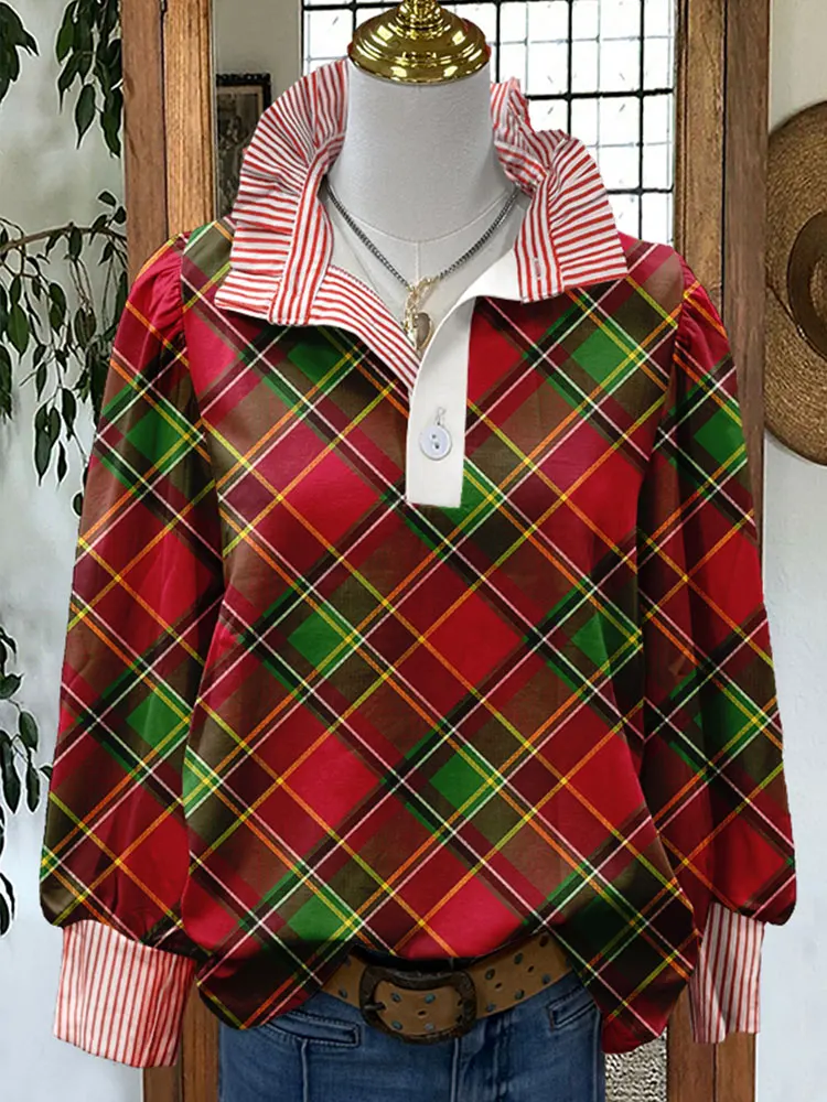 Classic Christmas Plaid Print Stripe Puff Sleeve Shirt