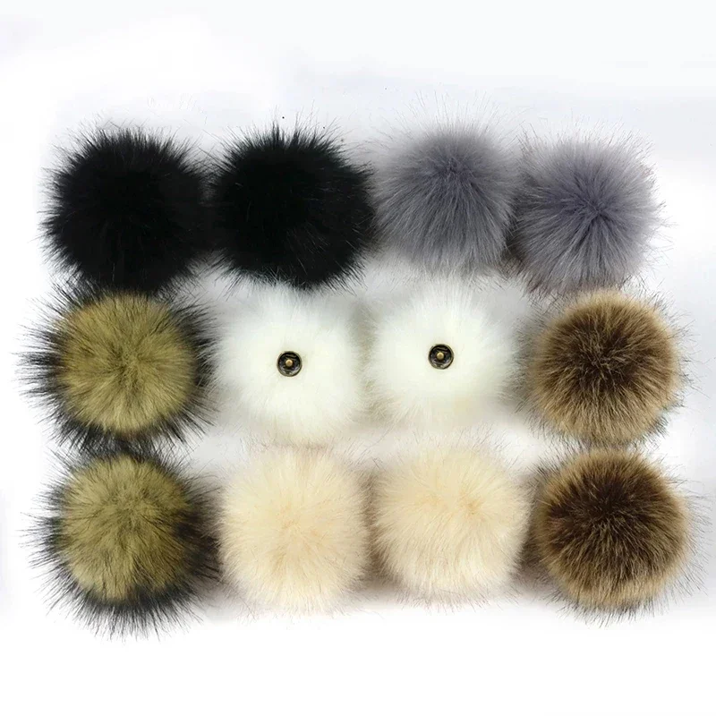 2Pcs 12cm Plush Hair Ball with Snap Button Soft Faux Fox Fur Pompoms DIY Baby Beanie Hats Shoes Crafts Decorative Accessories