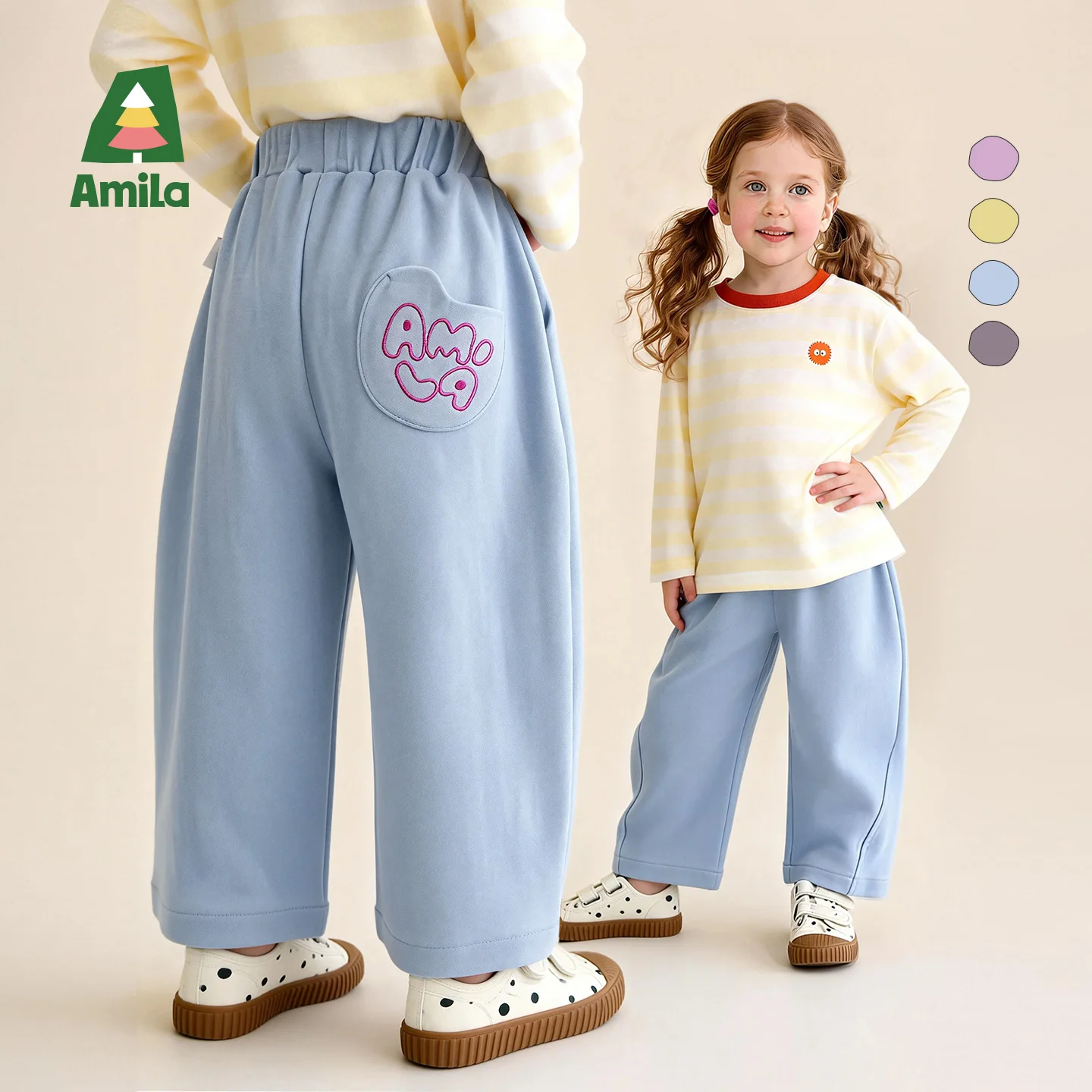 Amila Spring New Children's Casual Pants With Elastic Waist Pattern Pocket Details Comfortable Casual Multi Color Options