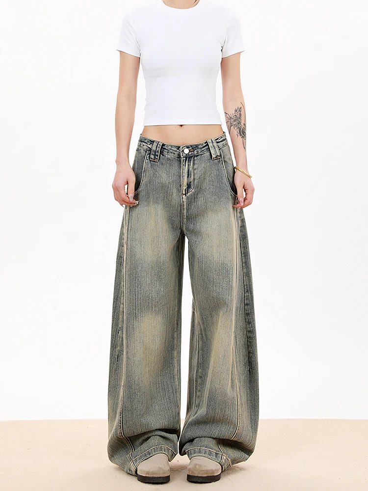 

Retro American Denim Wide Leg Pants Women's Spring New Bamboo Texture Washed Loose Slimming Floor-Length Knife Jeans