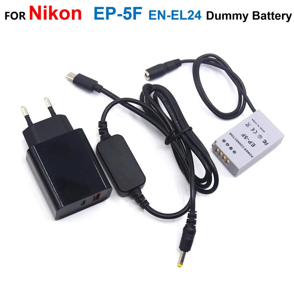 

USB Type-C Power Cable +EP-5F DC Coupler EN-EL24 ENEL24 VFB1190 Dummy Battery+PD Charger Adapter For Nikon 1 J5 1J5 Camera