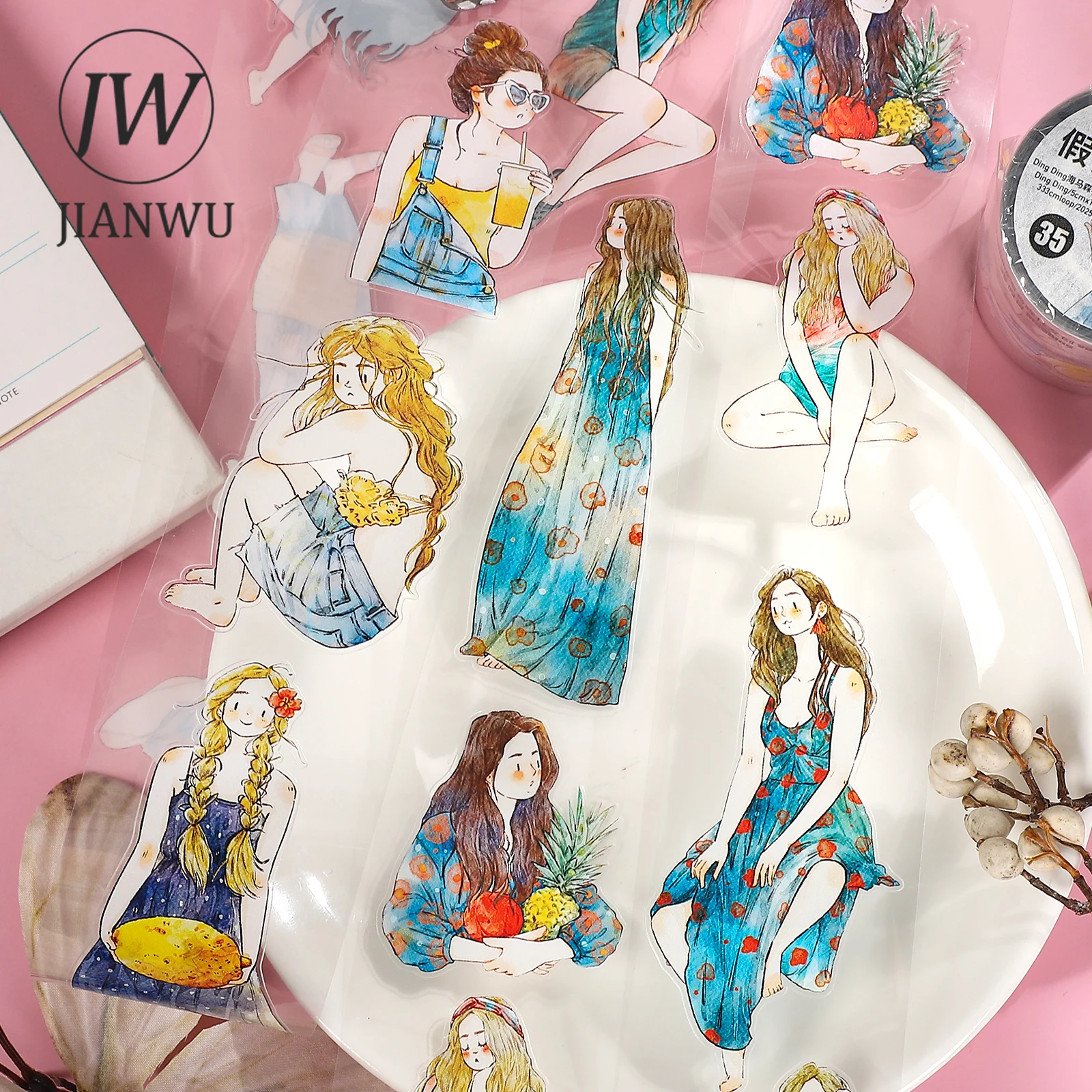

JIANWU 50mm*1000cm Cute Holiday Girl Character Landscape Material Collage PET Tape Creative DIY Journal Scrapbook Stationery