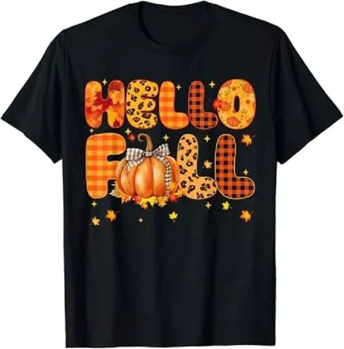 Groovy Hello Fall Autumn Maple Leaves Pumpkin Leopard Men's Unisex T-Shirt S-5XL