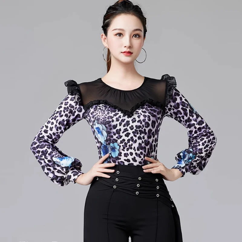 2023 New Lantern Sleeve Leopard Latin Dance Tops Samba Rumba Practice Wear Women 2 Colors Tango Ballroom Dance Clothing DL11109