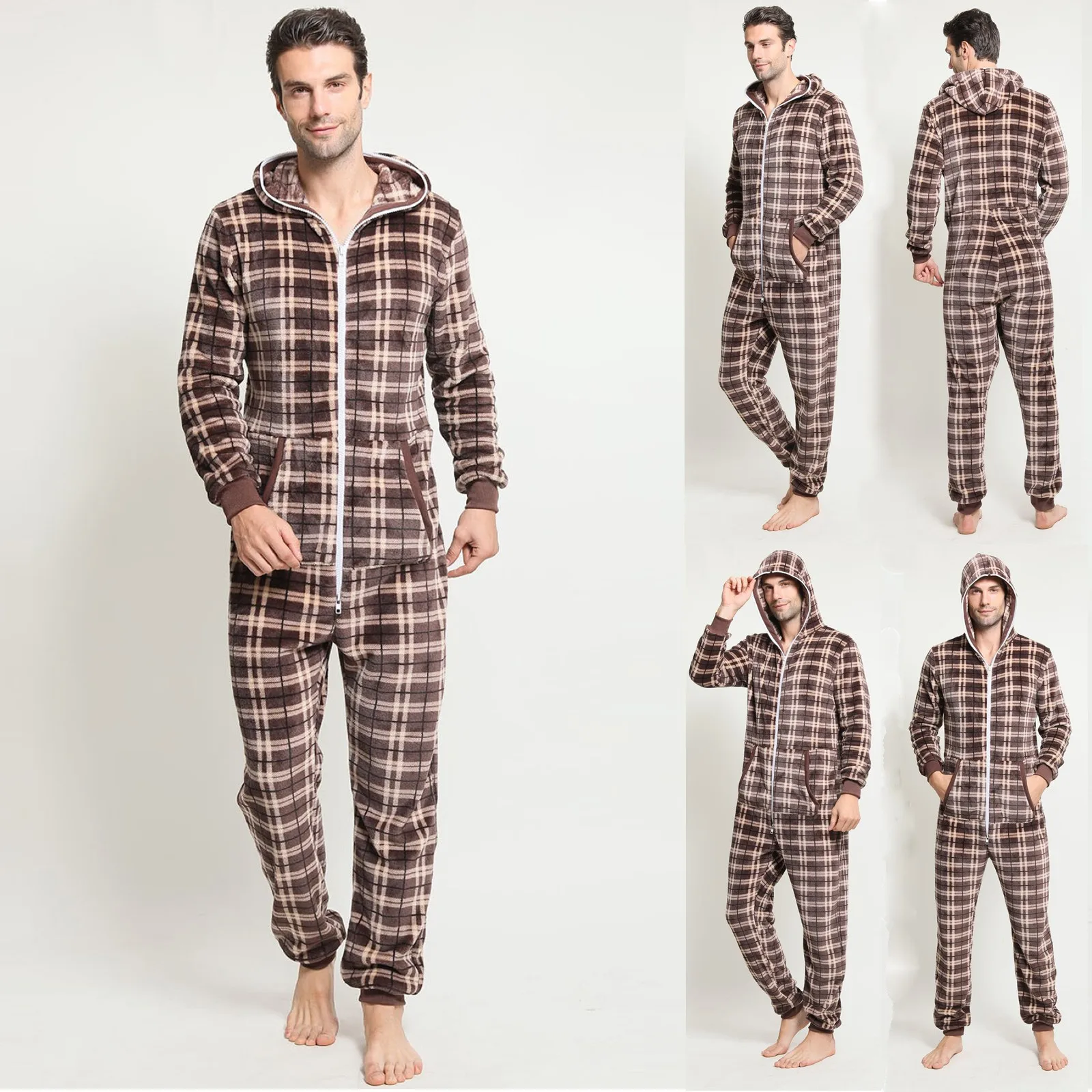 Autumn Winter Flannel Onesies Jumpsuit Male Hoodie Pajama Men Jumpsuits Vantage Hoodie Zipper Sleepwear Comfort Xmas Pajamas