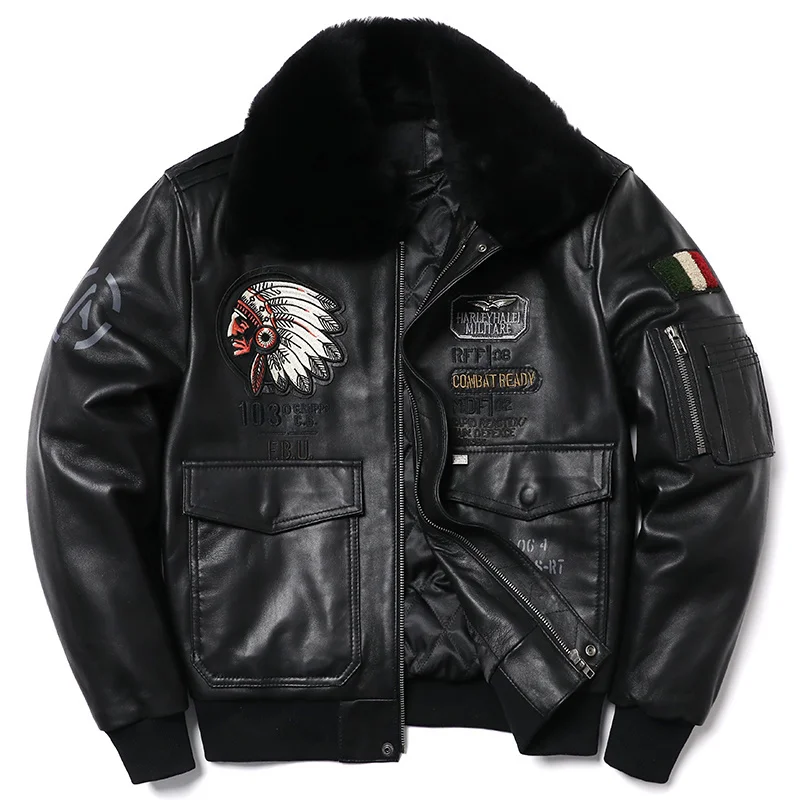 

New Wool Collar Indian Embroidery Sheepskin Coat Genuine Leather Jacket Men's Air Force Cloth Flight Jackets Clothes