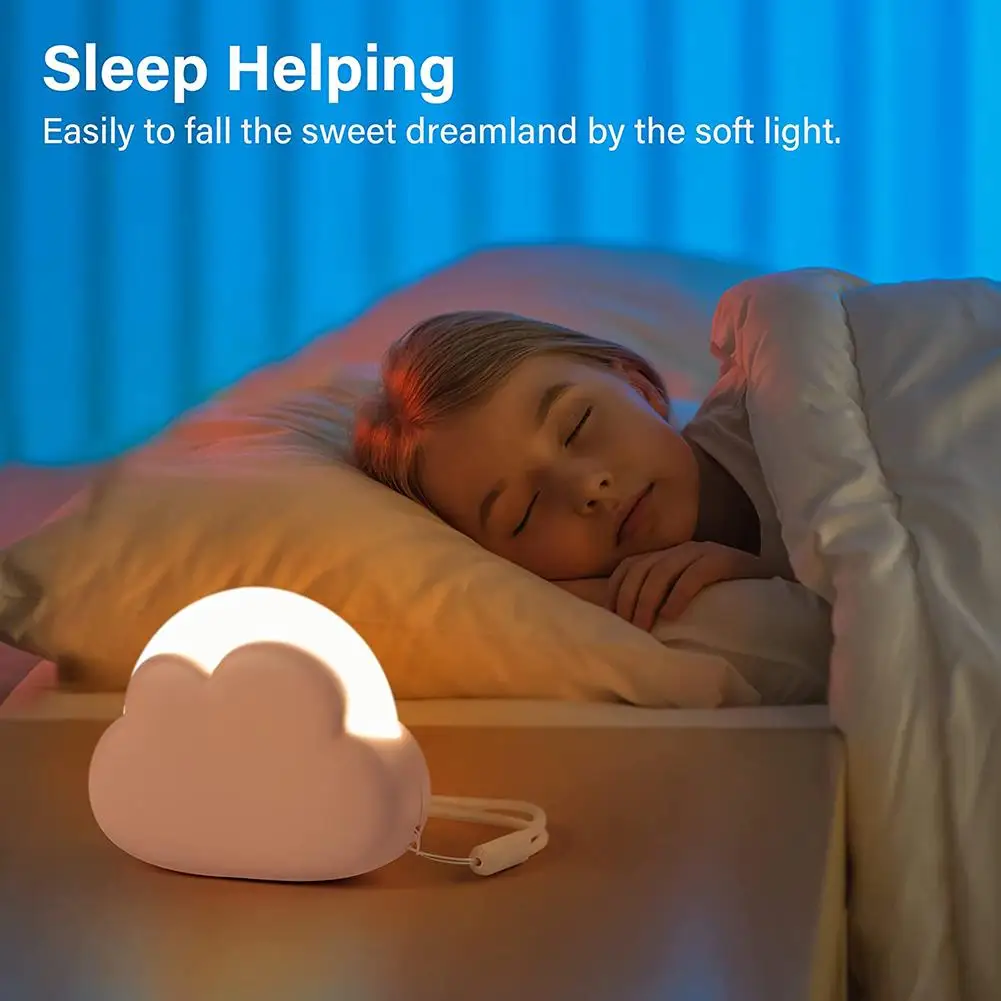 Lampu malam awan Led anak-anak, senter samping tempat tidur dengan tali penyandang 4 mode pencahayaan dapat diisi ulang baterai 1200mah