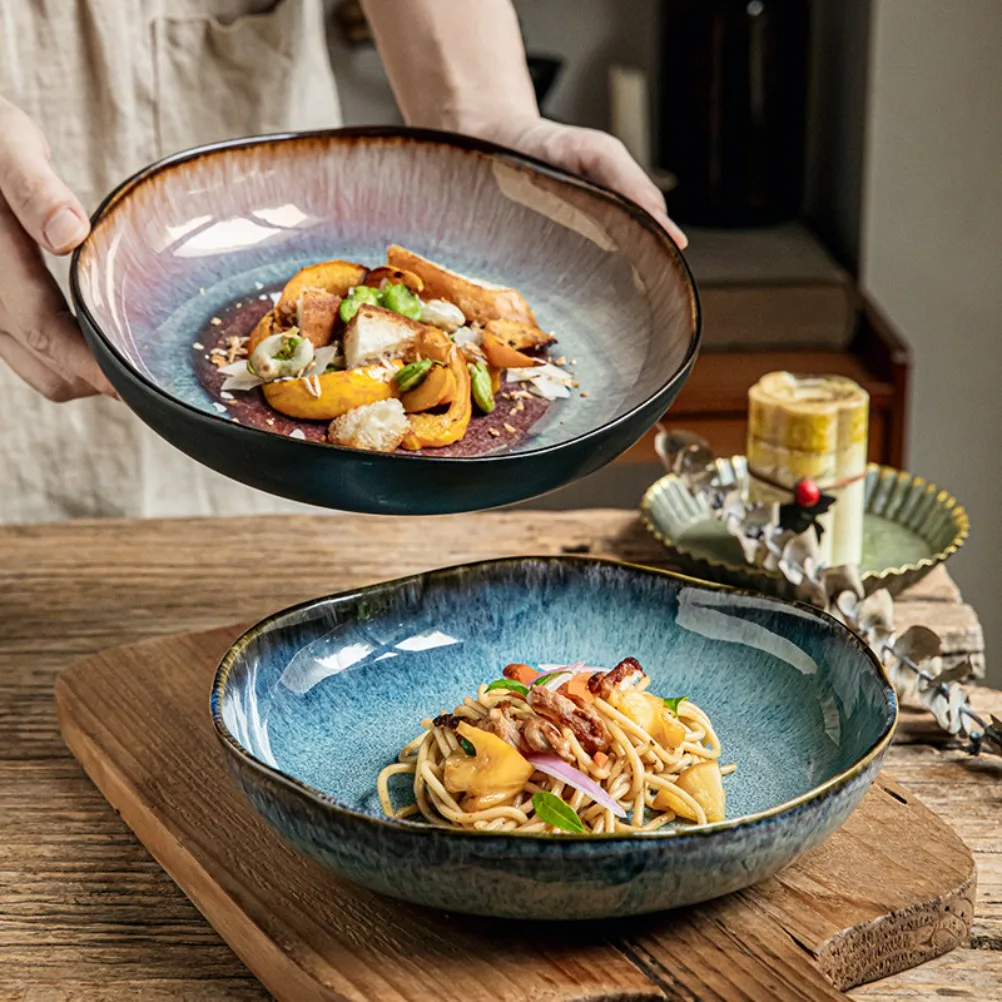 

9-inch Irregular Ceramic Dishes Vintage Pasta Dish Ceramic Dishes Household Salad Plate Kitchen Soup Plate Ceramic Dishes