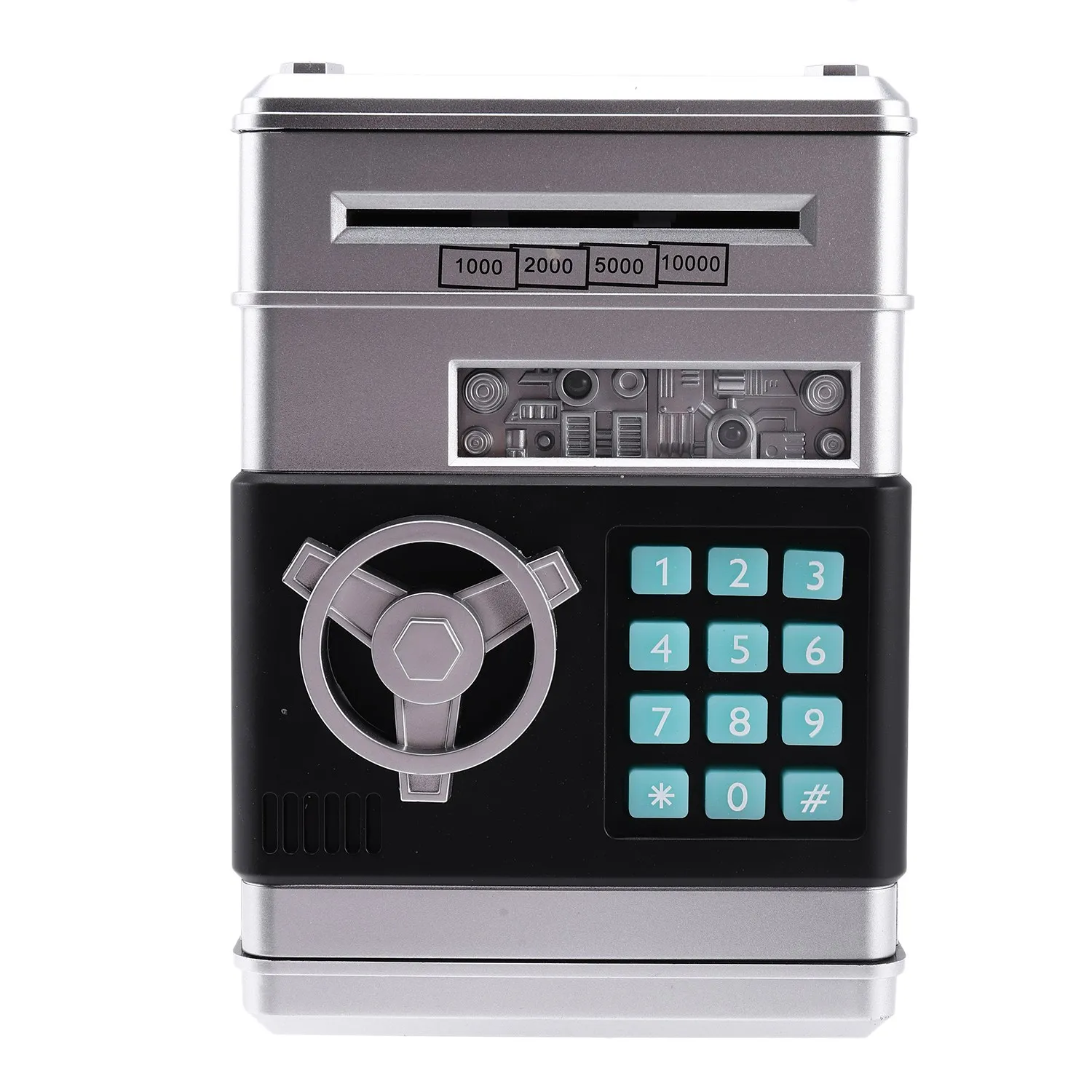 

Cartoon Electronic ATM Password Piggy Bank Cash Coin Can Auto Scroll Paper Money Saving Box Gift For Kids (silvery+black)