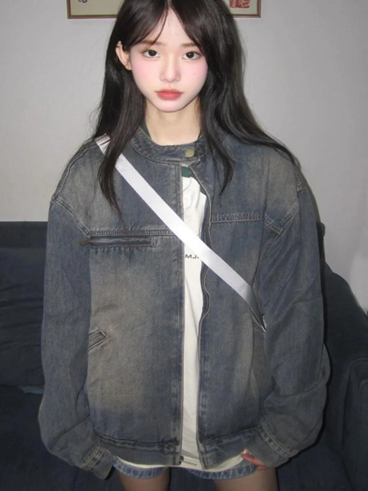 

Retro American Waed Denim Jaet Women's Spring Autumn Loose Large Size Zipper Jaet Top Straight Tube Regular Length