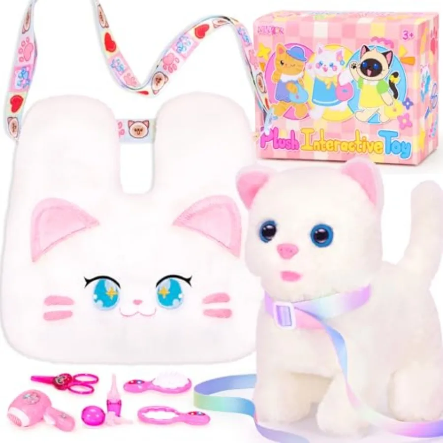 

Interactive Toys for with Crossbody Bags, Stuffed Plush with Leash Walking Meow Pretend Play Kitty Robot Pet Toy, Electronic Re