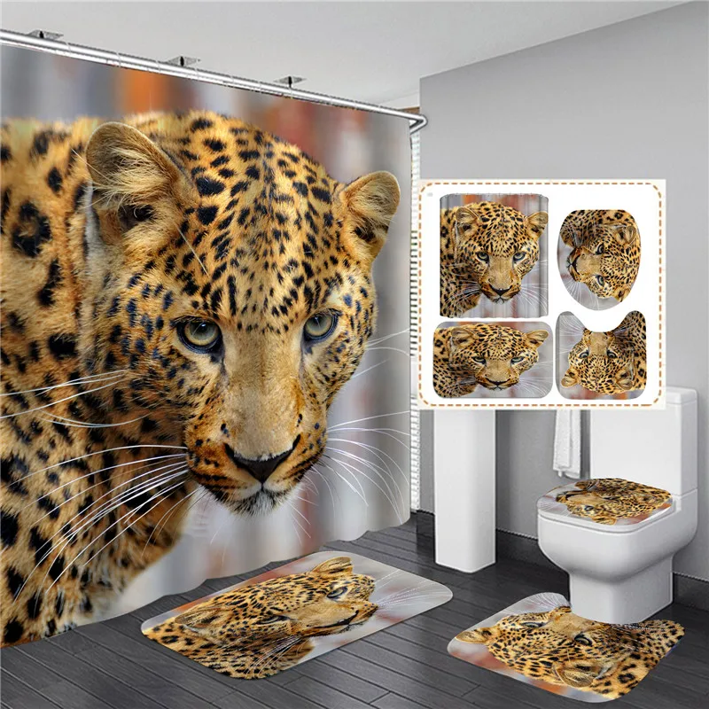 

Animal Style Cheetah Animals Printed Shower Curtain Bathroom Bathing Screen Anti-Slip Toilet Lid Cover Full Set Bathrooms Sets